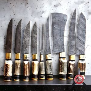 Handcrafted 9-Piece Damascus Chef Knife Set: Deer Antler Handles, Leather Cover. Perfect for Pro Chefs! 