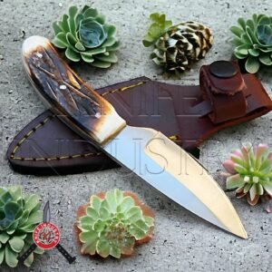 fixed blade Knife  Handmade Bushcraft Knife - 8" Damascus Steel Fixed Blade for Hunting, Skinning, Camping - Best EDC Knife with Bone Handle and Sheath