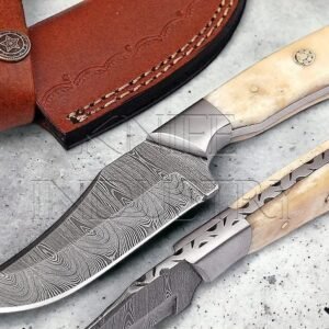 fixed blade Knife  Handmade Bushcraft Knife - 8" Damascus Steel Fixed Blade for Hunting, Skinning, Camping - Best EDC Knife with Bone Handle and Sheath