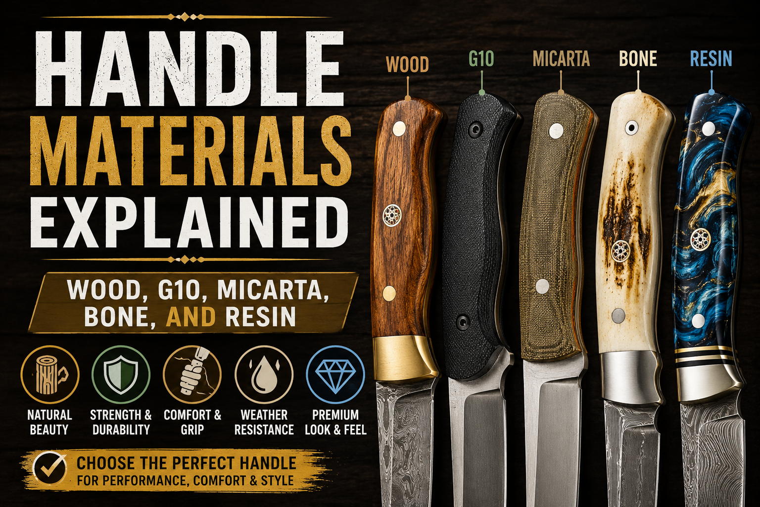 best knife handle material,knife handle materials explained,knife handle guide Knife handle materials explained featuring wood, G10, Micarta, bone, and resin knife handles comparison guide