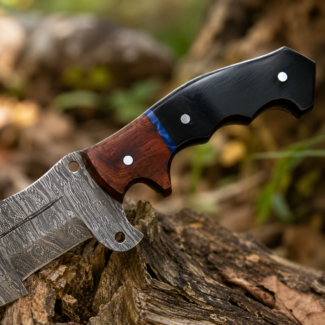Handmade Tracker Knife with Raindrop Damascus Steel Blade, Ram Horn Walnut Wood Handle and Leather Sheath