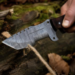 Handmade Tracker Knife with Raindrop Damascus Steel Blade, Ram Horn Walnut Wood Handle and Leather Sheath