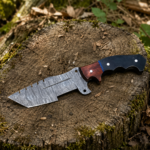 Handmade Tracker Knife with Raindrop Damascus Steel Blade, Ram Horn Walnut Wood Handle and Leather Sheath
