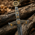 Knights Templar medieval crusader sword with ornate hilt, patterned blade, and brown scabbard on rustic wooden background