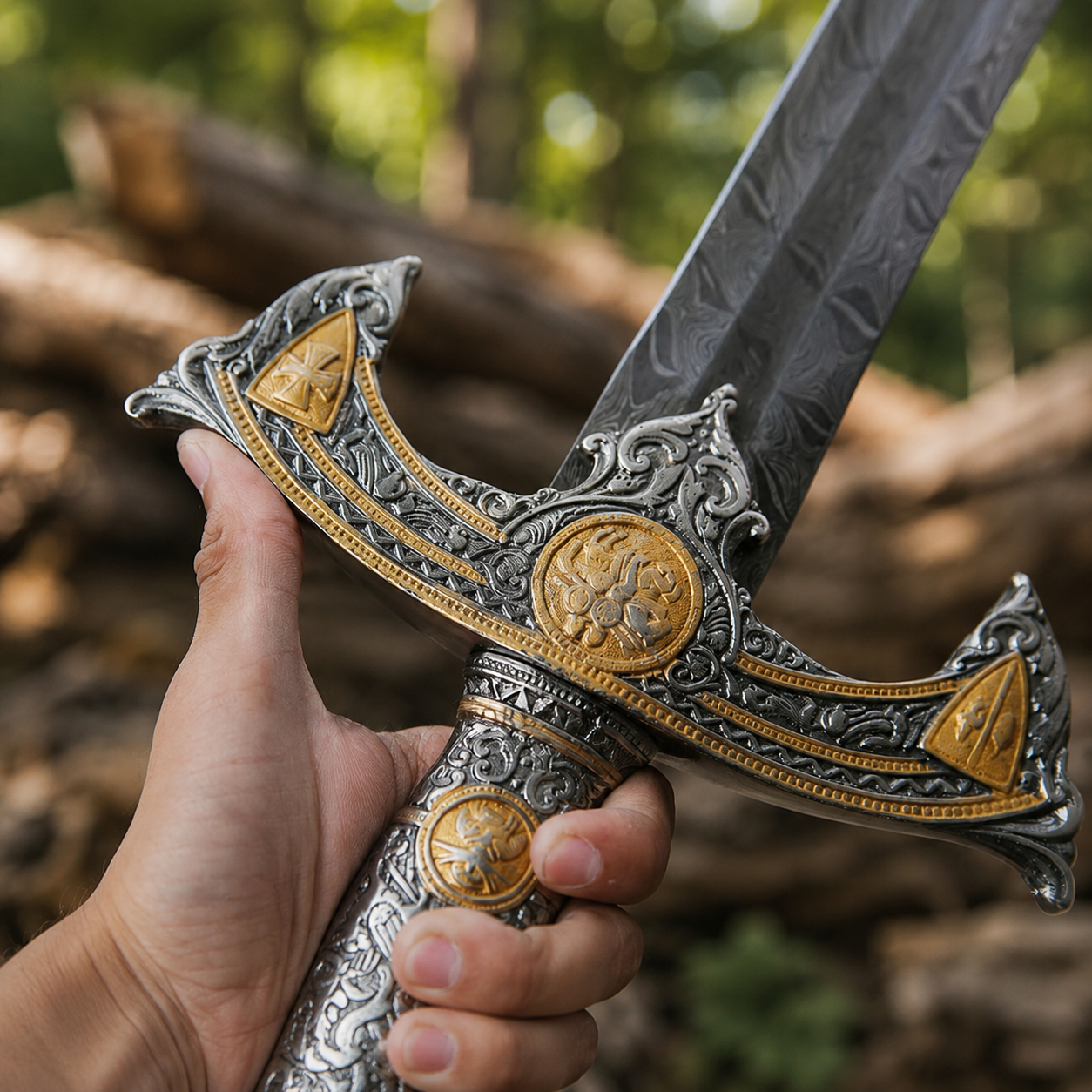 Knights Templar sword (3) Decorative Knights Templar sword with silver patterned blade and brown sheath