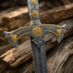 Medieval crusader sword with engraved handle and brown scabbard for display