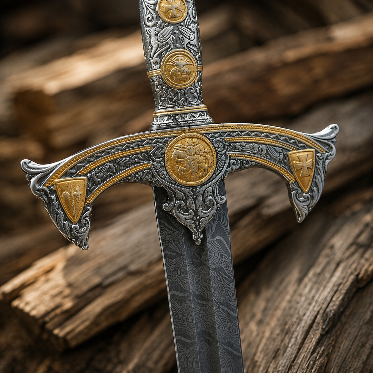 Knights Templar sword (4) Medieval crusader sword with engraved handle and brown scabbard for display