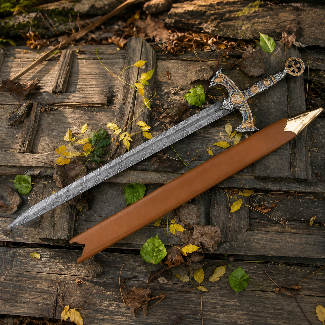 Knights Templar sword (5) Ornate Templar knight sword with detailed guard and leather-style scabbard