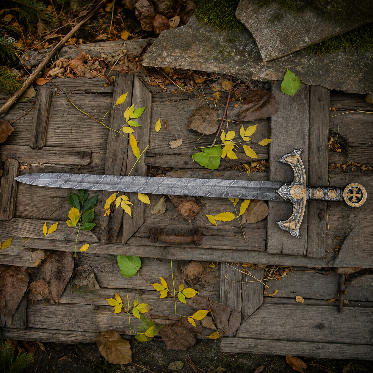 Knights Templar sword (7) Knights Templar display sword with long blade, decorative hilt, and brown scabbard