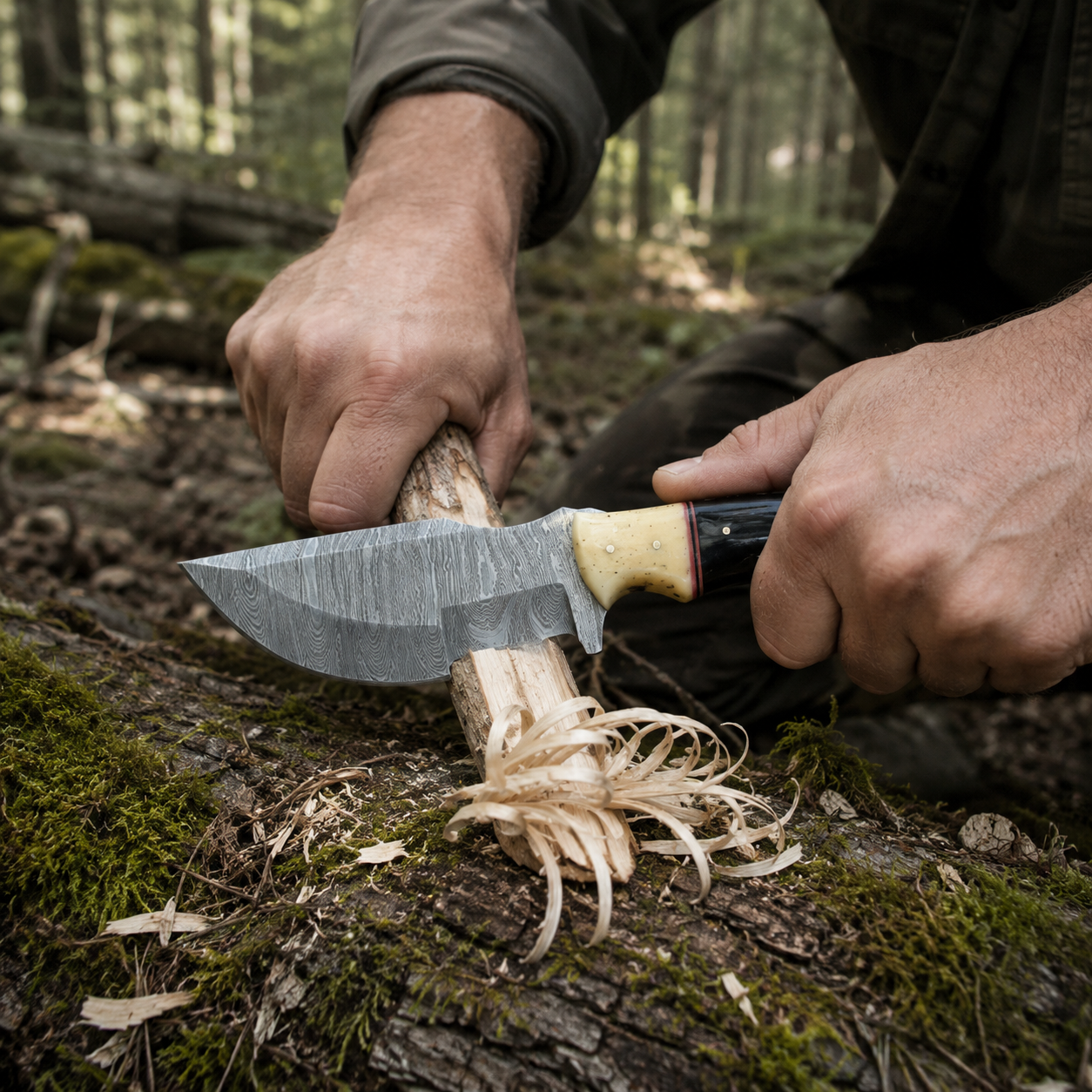 104D Handmade Twist Damascus Tracker Knife with Bone Bolster Buffalo Horn Handle and Leather Sheath
