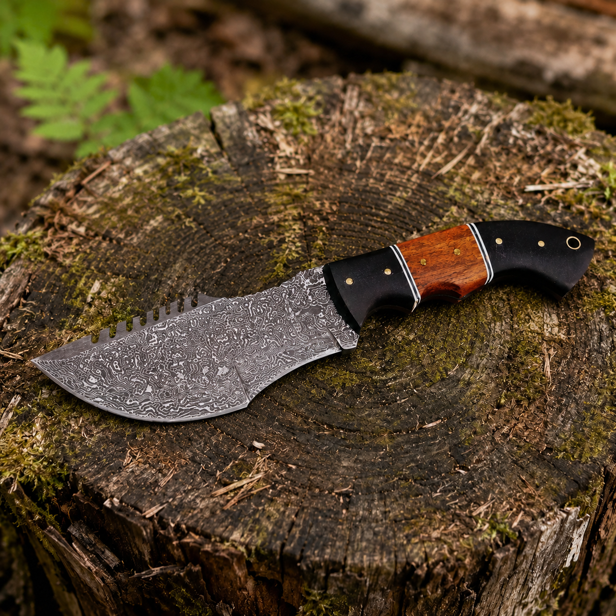 handmade Damascus tracker knife, Raindrop Damascus knife, tracker knife with sheath, Micarta handle knife, rosewood handle knife, handmade outdoor knife, camping knife, bushcraft knife, outdoor utility knife, leather sheath knife, patterned blade knife, custom handmade knife, collector knife, handmade blade gift