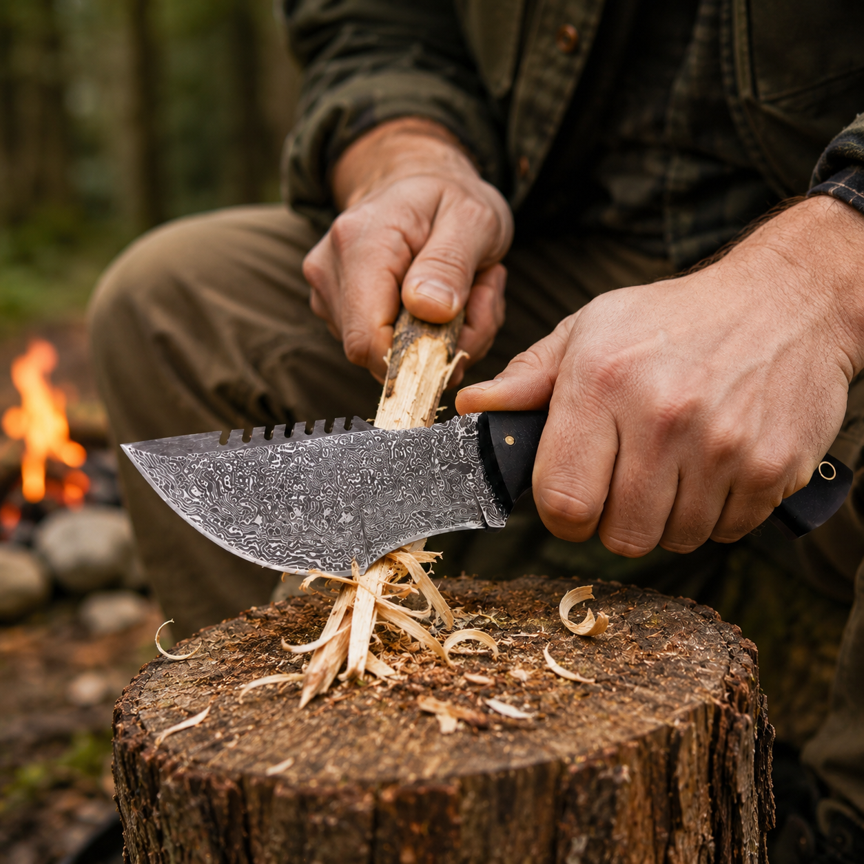 handmade Damascus tracker knife, Raindrop Damascus knife, tracker knife with sheath, Micarta handle knife, rosewood handle knife, handmade outdoor knife, camping knife, bushcraft knife, outdoor utility knife, leather sheath knife, patterned blade knife, custom handmade knife, collector knife, handmade blade gift