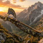 handmade Viking axe with leather sheath black and gold decorative collector axe