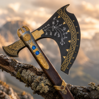 handmade Viking axe with leather sheath black and gold decorative collector axe