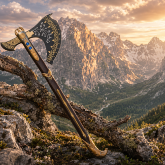 handmade Viking axe with leather sheath black and gold decorative collector axe