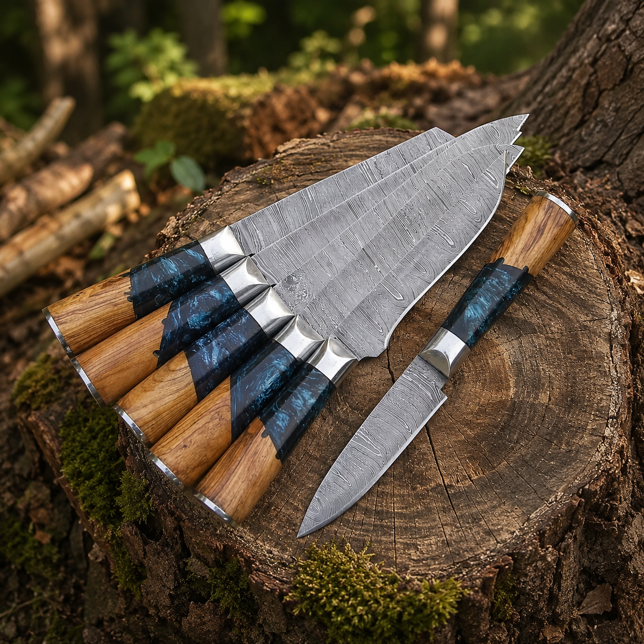 7-piece handmade kitchen knife set with patterned blades, wood and blue resin handles, and brown leather roll bag on natural log background