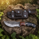 handmade Damascus tracker knife with leather sheath and exotic wood horn handle