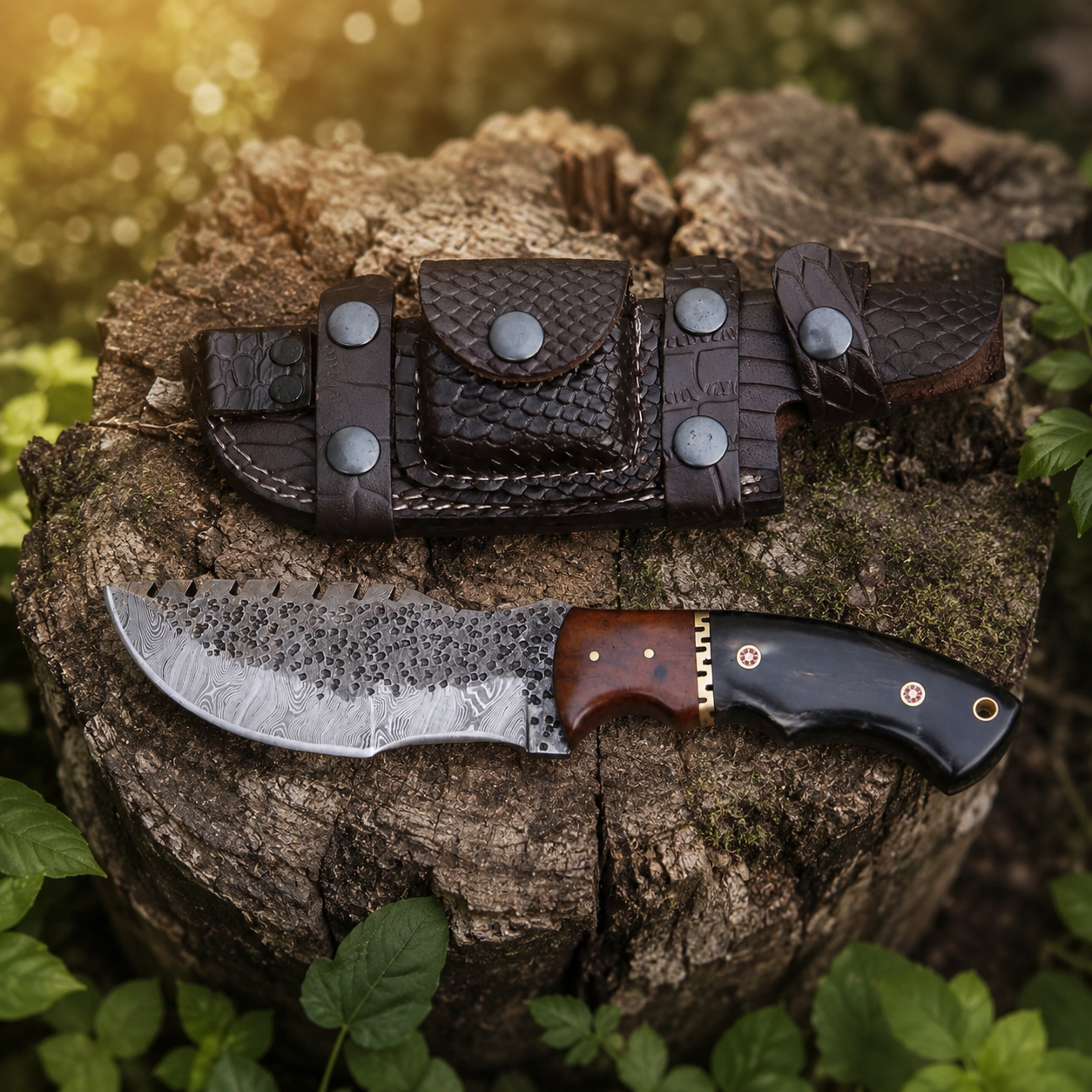 handmade Damascus tracker knife with leather sheath and exotic wood horn handle
