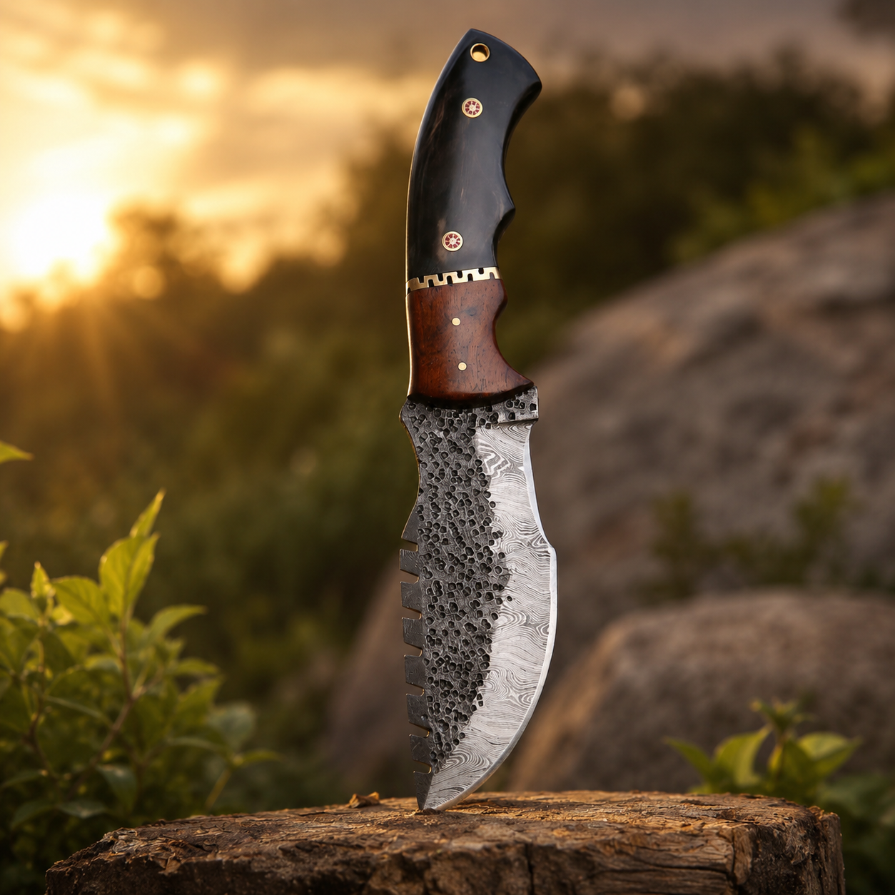 handmade Damascus tracker knife with leather sheath and exotic wood horn handle