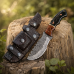 handmade Damascus tracker knife with leather sheath and exotic wood horn handle