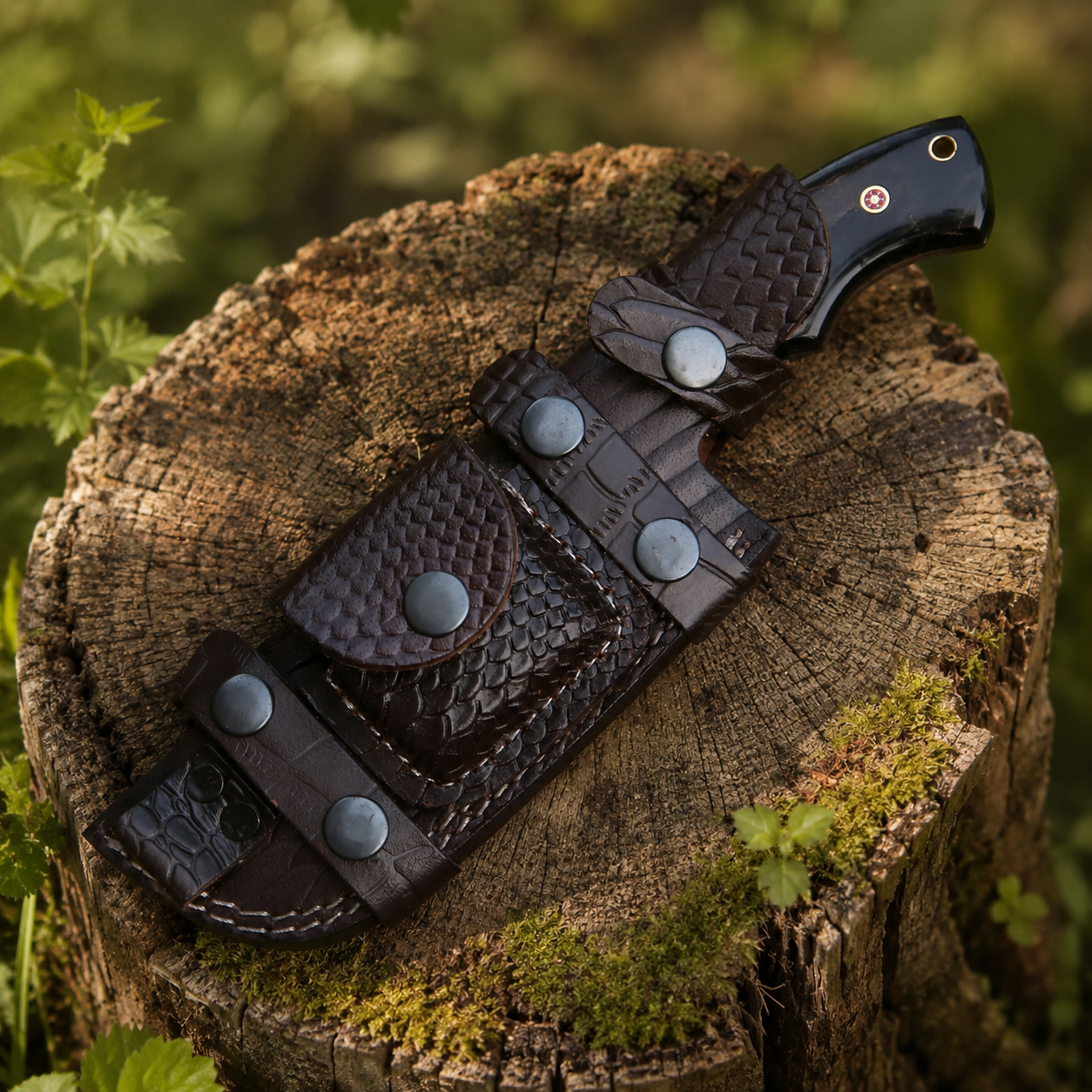 handmade Damascus tracker knife with leather sheath and exotic wood horn handle