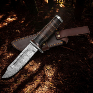 370 D Hunters handmade Damascus steel clip point hunting knife with brown leather sheath