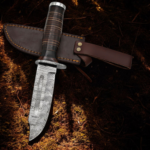 370 D Hunters handmade Damascus steel clip point hunting knife with brown leather sheath