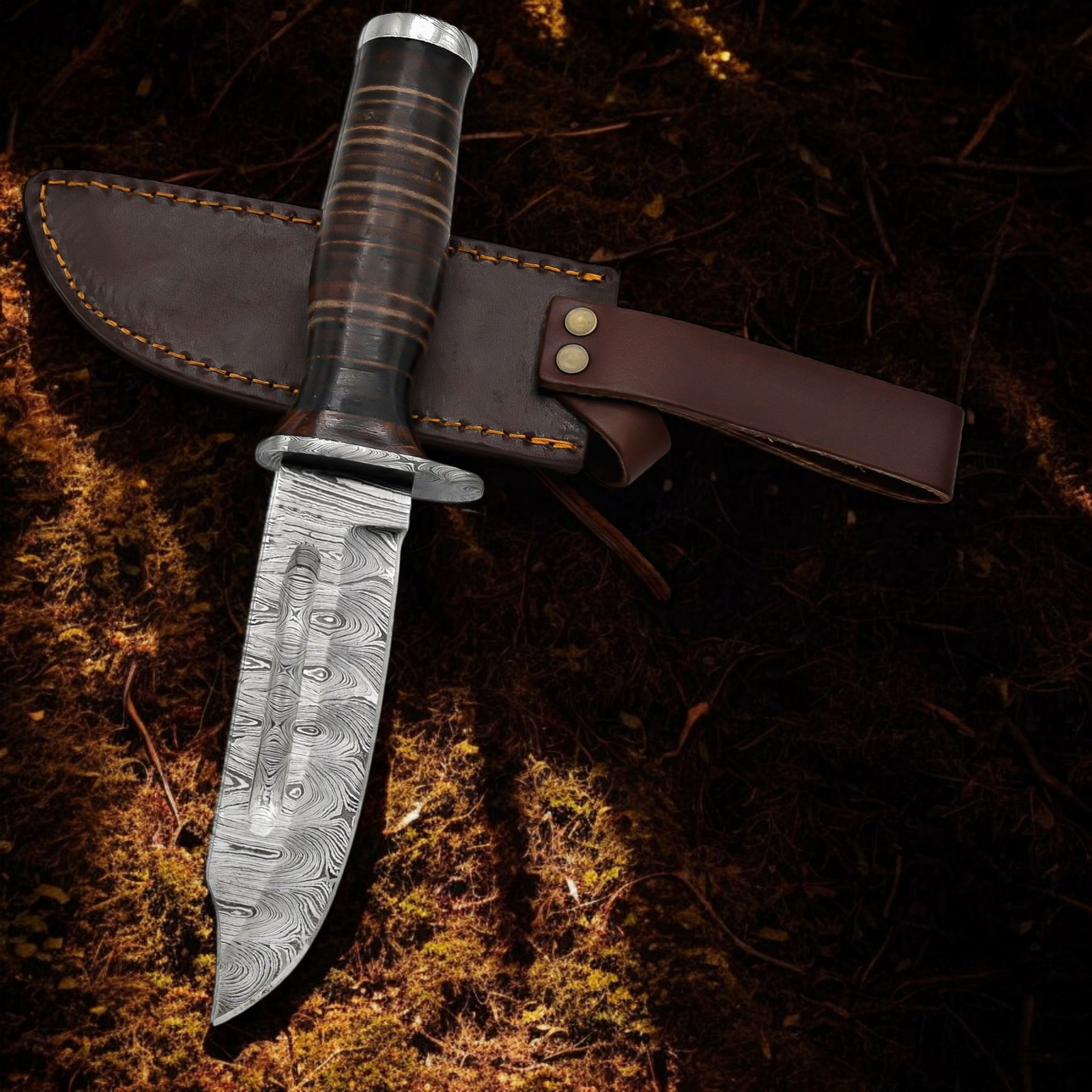 370-d-hunters-damascus-steel-hunting-knife (2) 370 D Hunters handmade Damascus steel clip point hunting knife with brown leather sheath