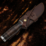370 D Hunters handmade Damascus steel clip point hunting knife with brown leather sheath