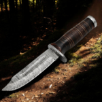 370 D Hunters handmade Damascus steel clip point hunting knife with brown leather sheath