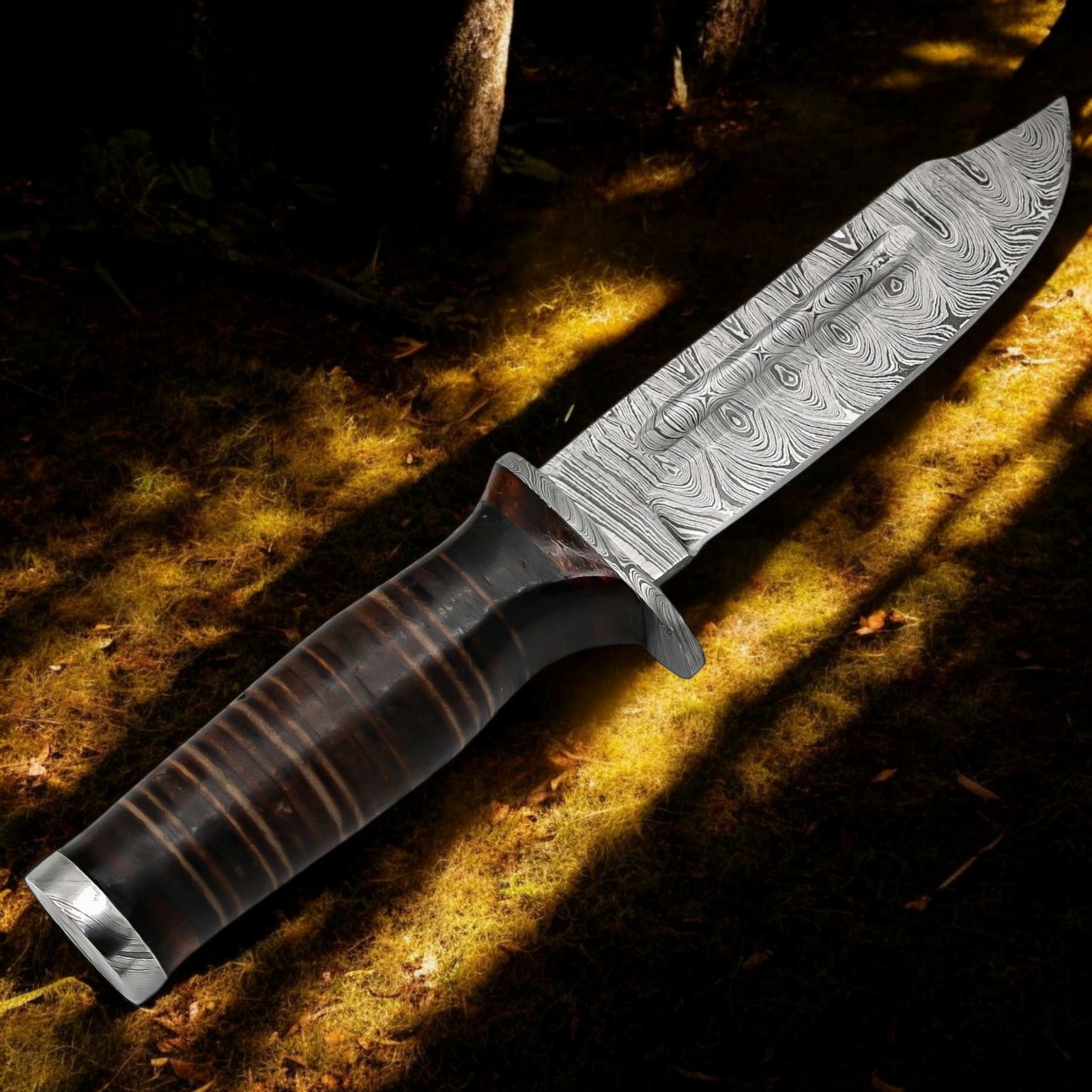 370-d-hunters-damascus-steel-hunting-knife (6) 370 D Hunters handmade Damascus steel clip point hunting knife with brown leather sheath