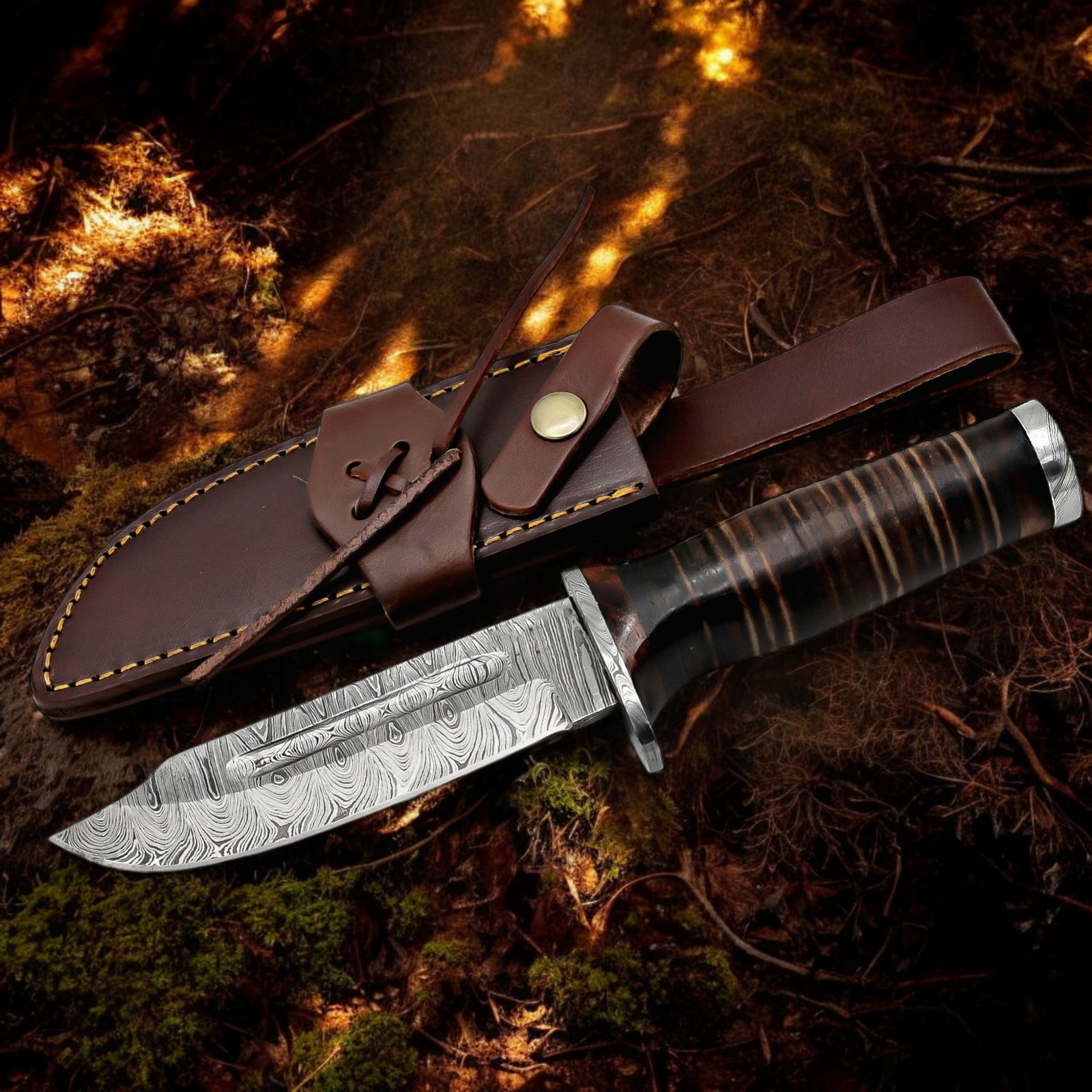 370-d-hunters-damascus-steel-hunting-knife (7) 370 D Hunters handmade Damascus steel clip point hunting knife with brown leather sheath