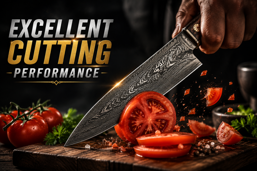 Premium handmade Damascus steel knife showcasing its distinctive layered pattern and craftsmanship.