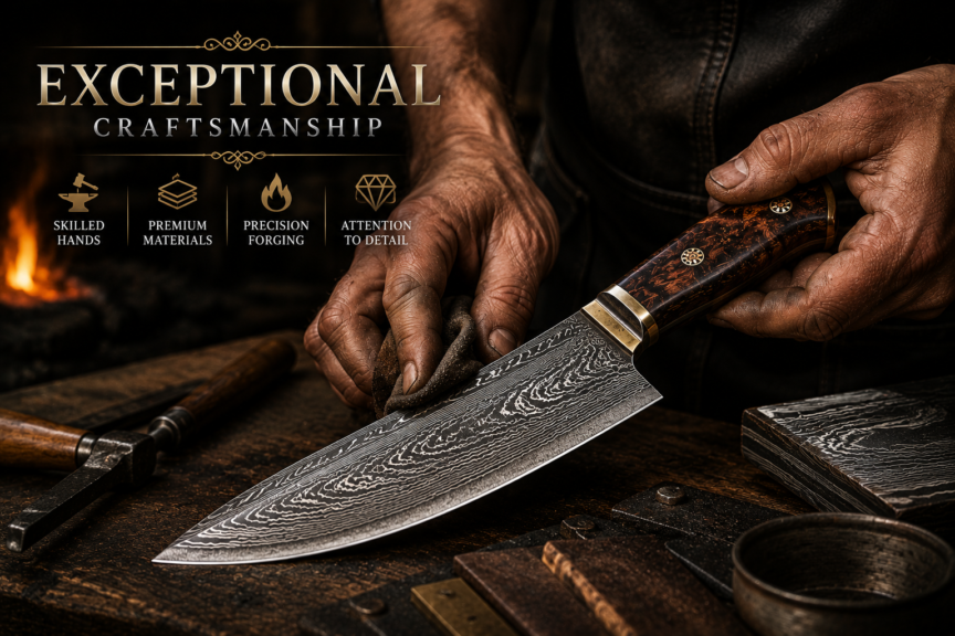 Premium handmade Damascus steel knife showcasing its distinctive layered pattern and craftsmanship.