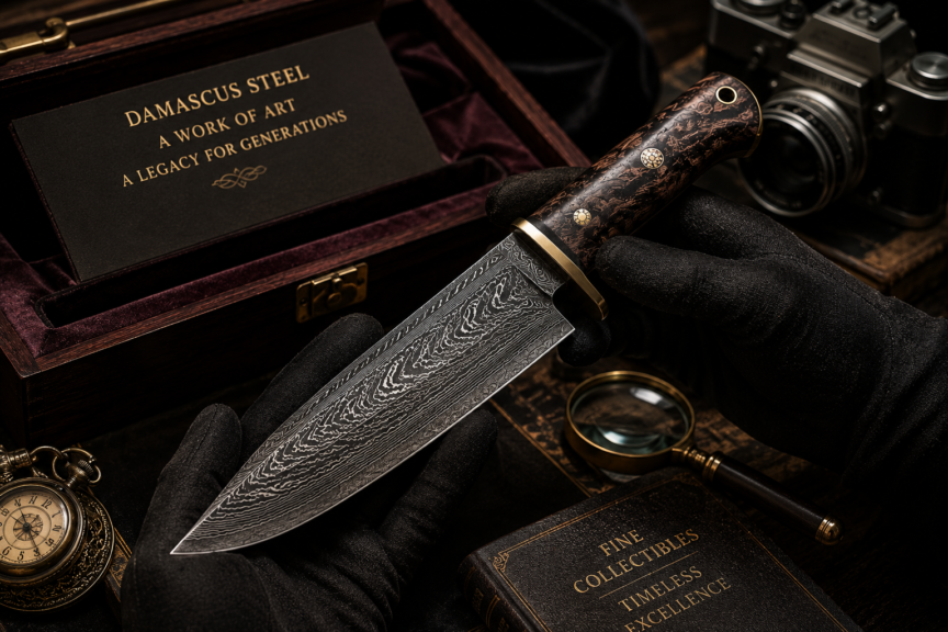 Premium handmade Damascus steel knife showcasing its distinctive layered pattern and craftsmanship.