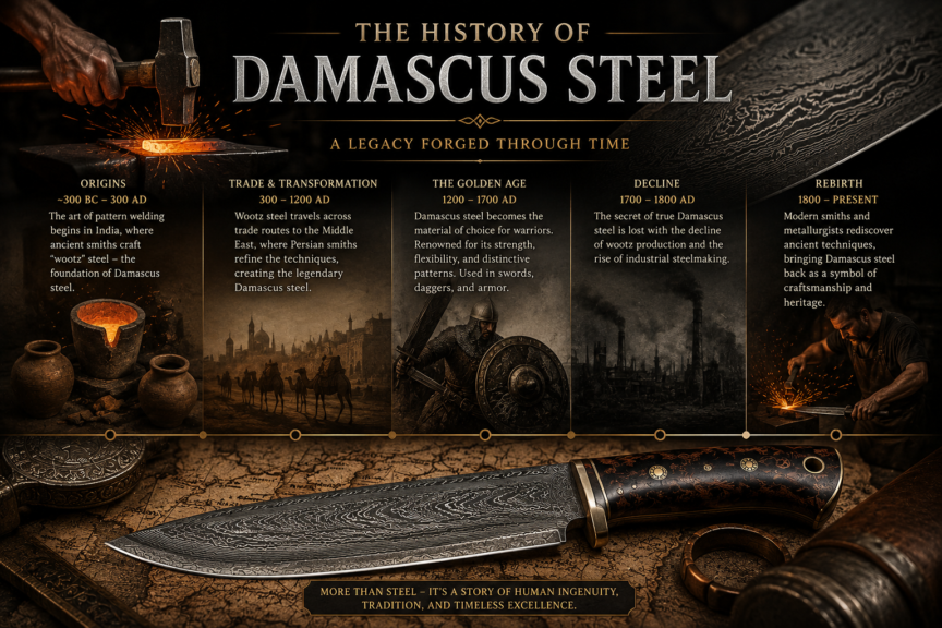 Premium handmade Damascus steel knife showcasing its distinctive layered pattern and craftsmanship.