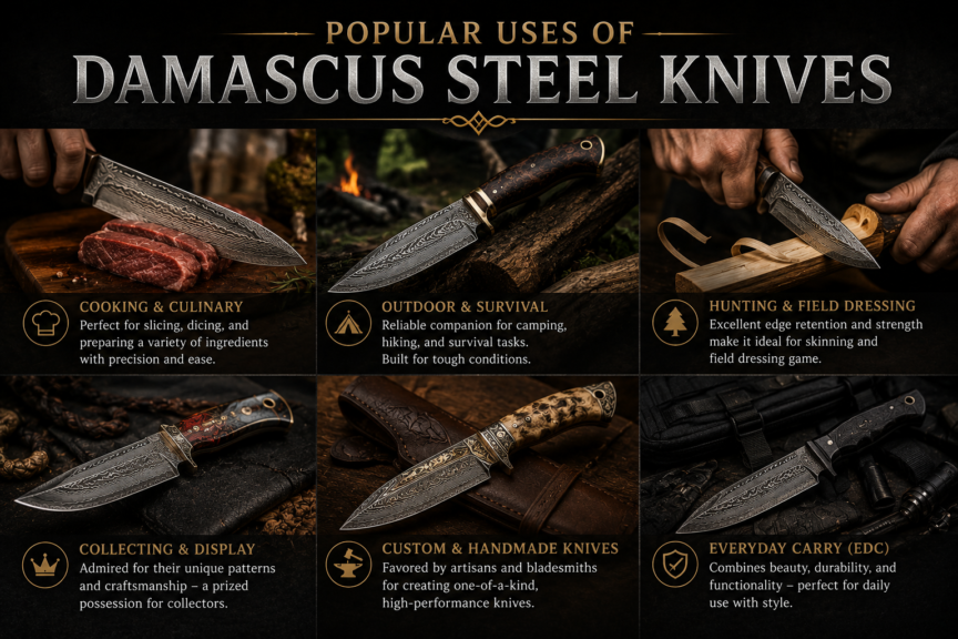 Premium handmade Damascus steel knife showcasing its distinctive layered pattern and craftsmanship.