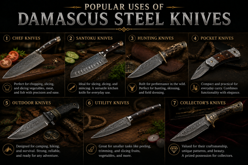 Premium handmade Damascus steel knife showcasing its distinctive layered pattern and craftsmanship.