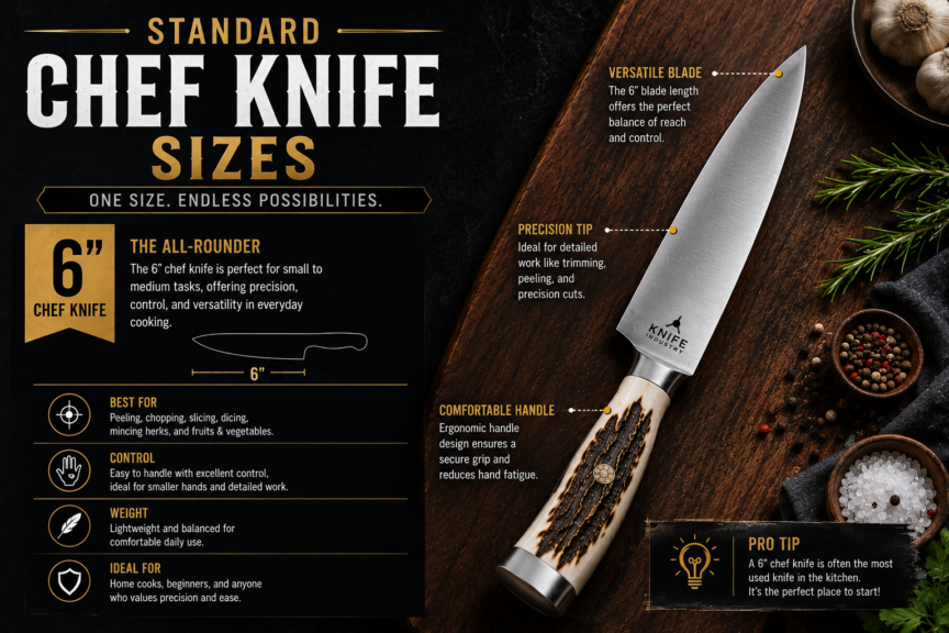 Different chef knife sizes displayed on a wooden surface