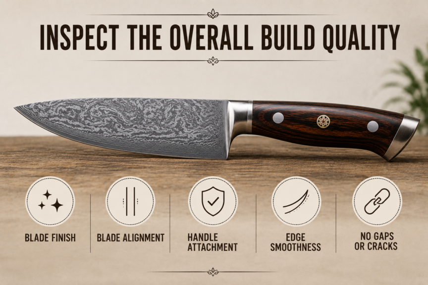 Close-up of a quality chef knife showing blade finish, alignment, handle attachment, and overall craftsmanship