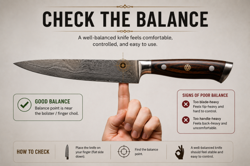 Person holding a chef knife with a natural grip to evaluate balance and control