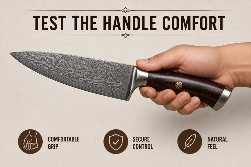 Hand gripping a chef knife to assess ergonomic handle comfort and secure grip