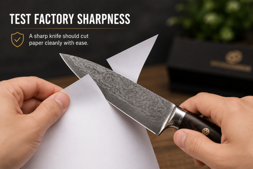 Sharp chef knife cleanly slicing through a sheet of paper to demonstrate factory sharpness