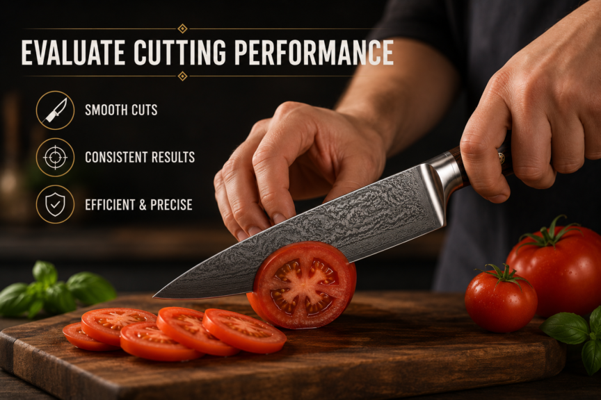 Chef knife smoothly slicing a fresh tomato to evaluate cutting performance and precision