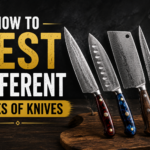 Various kitchen knives displayed for testing quality, sharpness, balance, and performance