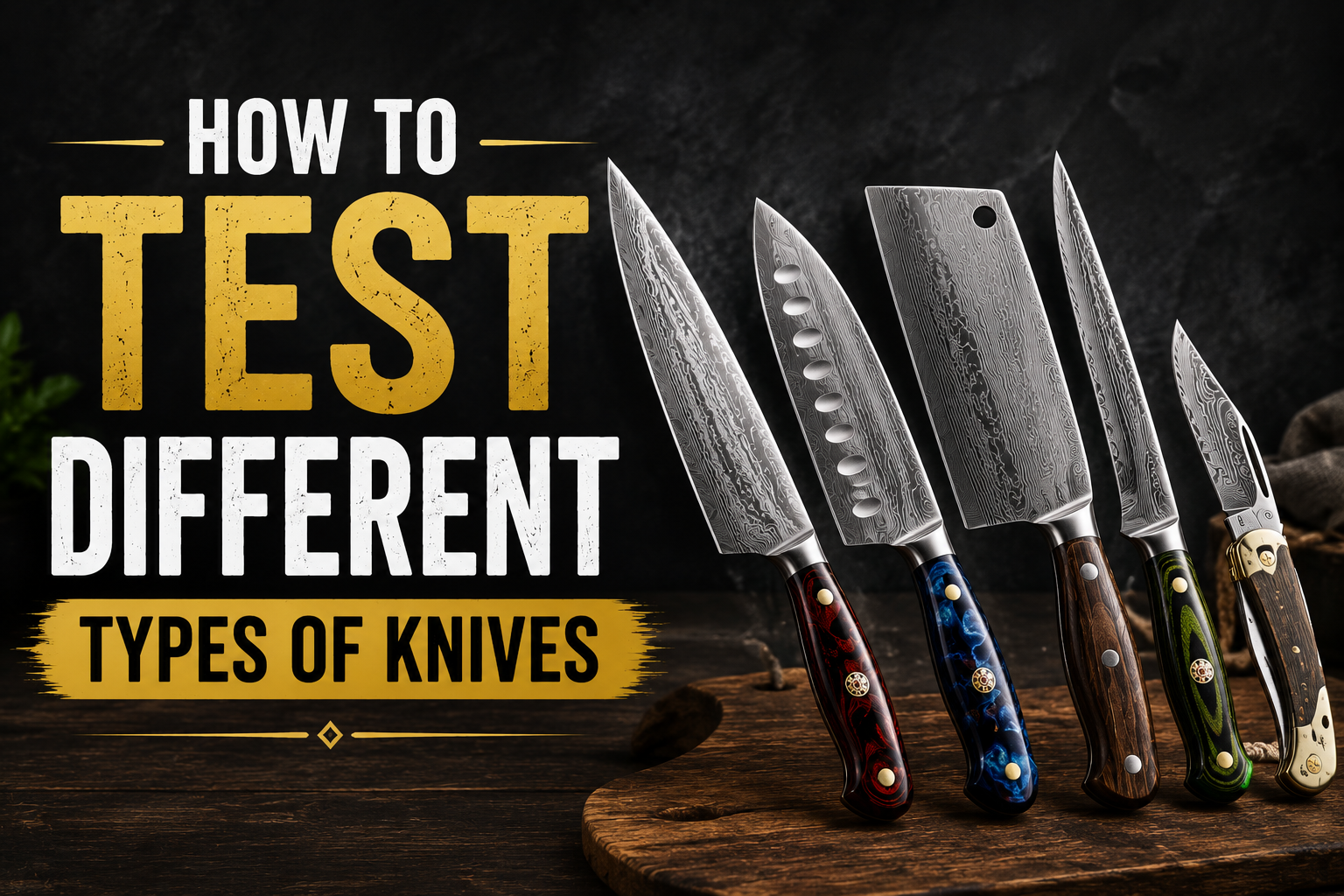 Various kitchen knives displayed for testing quality, sharpness, balance, and performance