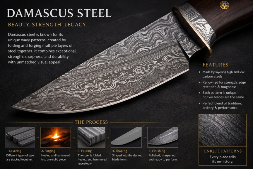 Premium handmade Damascus steel knife showcasing its distinctive layered pattern and craftsmanship.