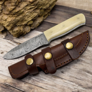 Handmade Damascus hunting knife with twist-pattern Damascus steel blade, camel bone handle, and genuine leather sheath.