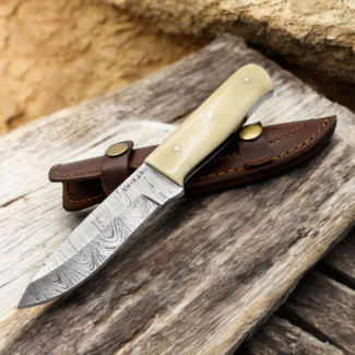 Handmade Damascus hunting knife with twist-pattern Damascus steel blade, camel bone handle, and genuine leather sheath.