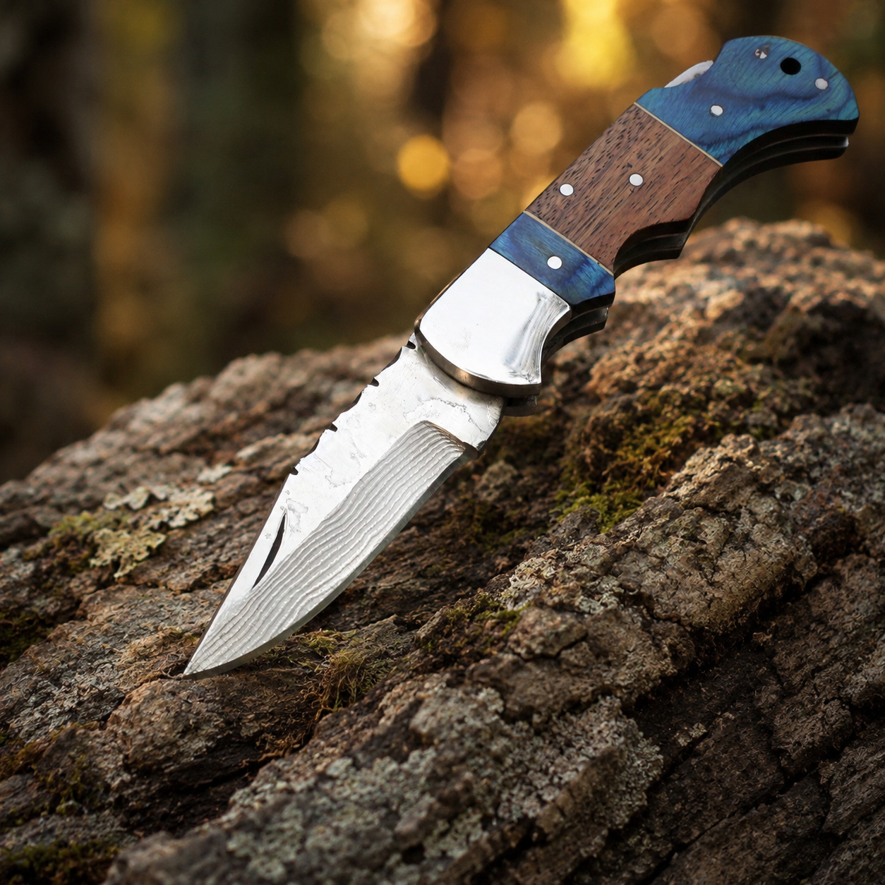 Handmade Damascus Steel Folding Knife Leather Sheath